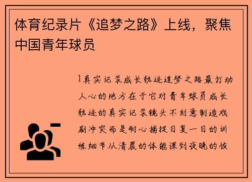 体育纪录片《追梦之路》上线，聚焦中国青年球员