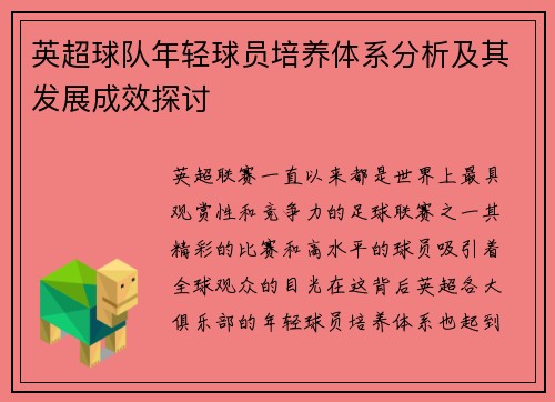 英超球队年轻球员培养体系分析及其发展成效探讨